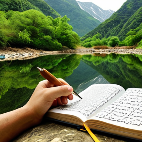 Home 6 **Image Prompt:** A person thoughtfully journaling outdoors, surrounded by nature. Focus on elements symbolizing self-reflection, like a mirror reflecting a serene landscape or a compass pointing inward. Include Urdu script subtly in the background as artistic texture.