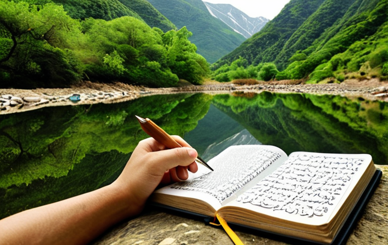 **Image Prompt:** A person thoughtfully journaling outdoors, surrounded by nature. Focus on elements symbolizing self-reflection, like a mirror reflecting a serene landscape or a compass pointing inward. Include Urdu script subtly in the background as artistic texture.