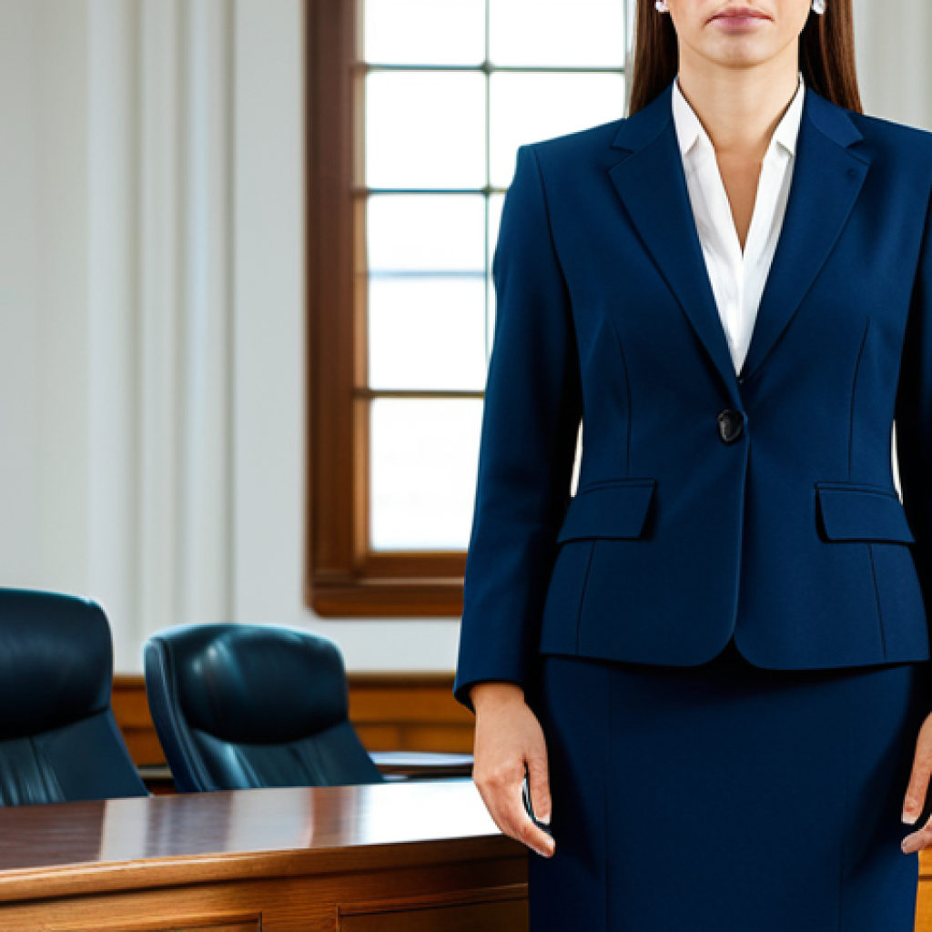 법적 측면에서의 지식 경계 확장 - ** A professional female lawyer, fully clothed in a modest navy blue business suit, standing confide...