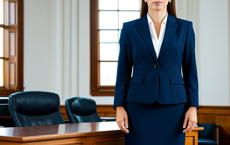 법적 측면에서의 지식 경계 확장 - ** A professional female lawyer, fully clothed in a modest navy blue business suit, standing confide...