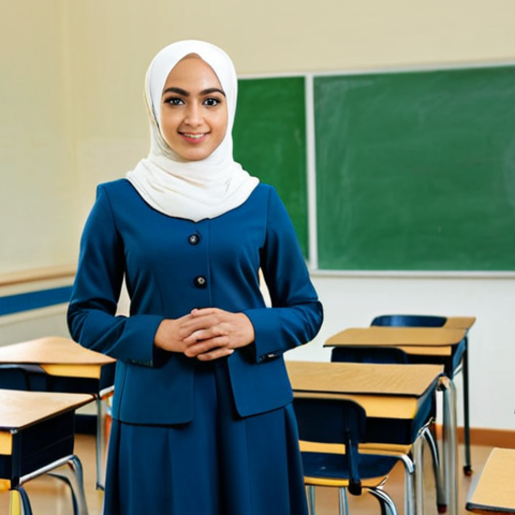 지식 경계 확장을 위한 독서 리스트 - **Prompt:** "A professional female teacher in a modest hijab and fully clothed, standing in a bright...