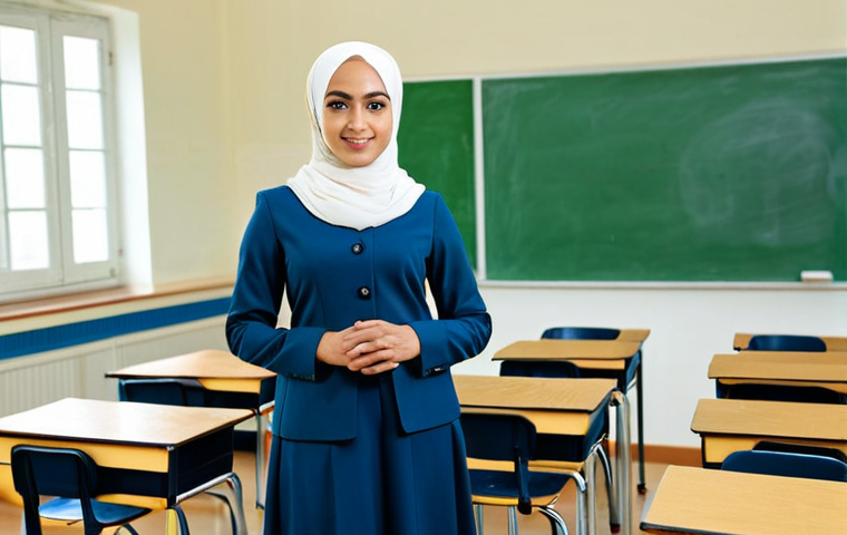 지식 경계 확장을 위한 독서 리스트 - **Prompt:** "A professional female teacher in a modest hijab and fully clothed, standing in a bright...