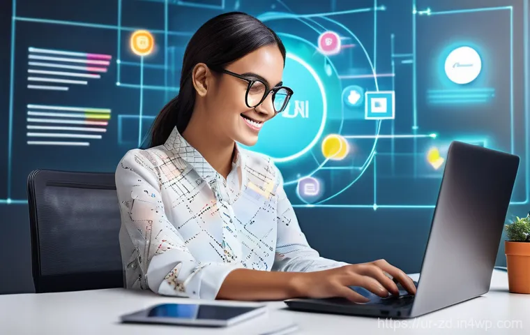 지속적 학습과 전문성 향상 - **Prompt:** A vibrant and dynamic digital workspace. A young, confident woman (early 20s, wearing mo...