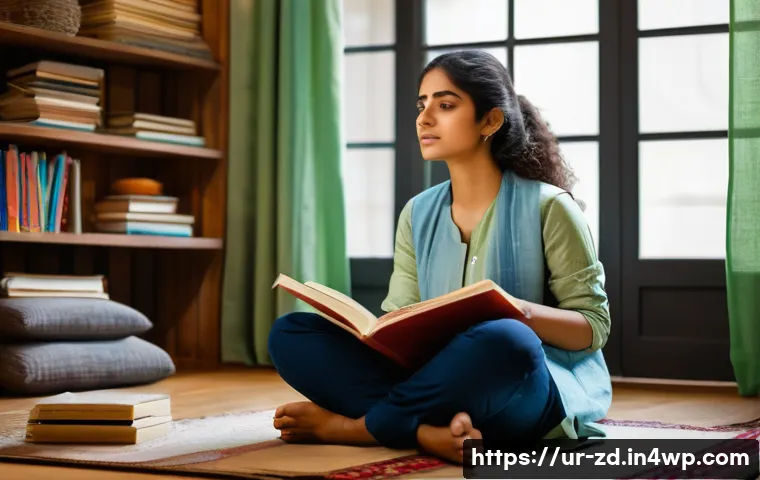 자기계발서 추천과 활용법 - A thoughtful young South Asian woman sitting cross-legged on a cozy floor cushion in a softly lit ro...