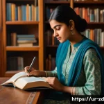 Home 19 지식 경계 확장을 위한 사고 방식 변화 - A thoughtful young South Asian woman sitting in a cozy, sunlit room filled with bookshelves and cult...