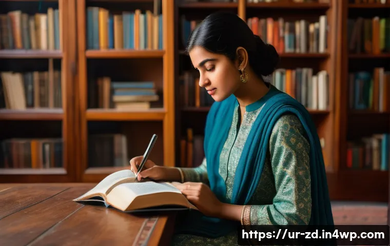 지식 경계 확장을 위한 사고 방식 변화 - A thoughtful young South Asian woman sitting in a cozy, sunlit room filled with bookshelves and cult...