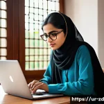Home 18 디지털 미디어를 통한 지식 습득 - A young Pakistani woman sitting comfortably in a traditional living room, wearing modest modern clot...
